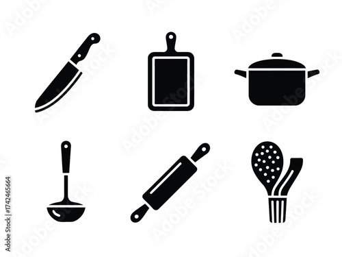 Vector illustration bundle of 6 clean kitchen utensil icons for scalable graphic design eps format silhouette vector illustration white background
