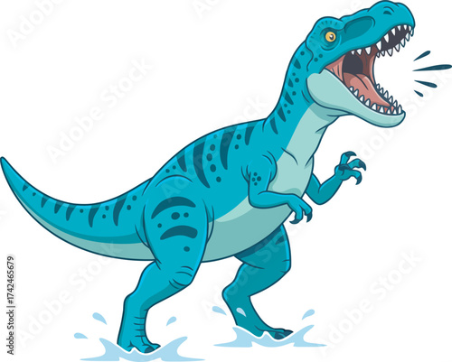 A vibrant, cartoon Tyrannosaurus Rex roaring with its mouth wide open, walking.