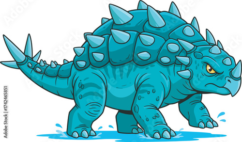 Cartoon illustration of a blue Ankylosaurus dinosaur walking, with spikes, armor plates, and a grumpy expression.