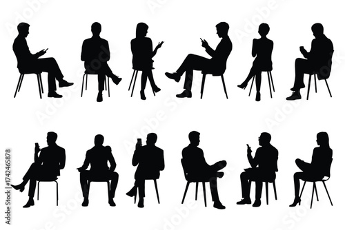 Set of 10 black person silhouettes sitting on chairs vector illustration scalable eps icon silhouette vector illustration white background