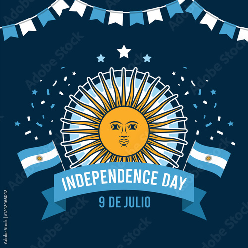 Argentina Independence Day celebration with Sun of May and national flags on dark blue background