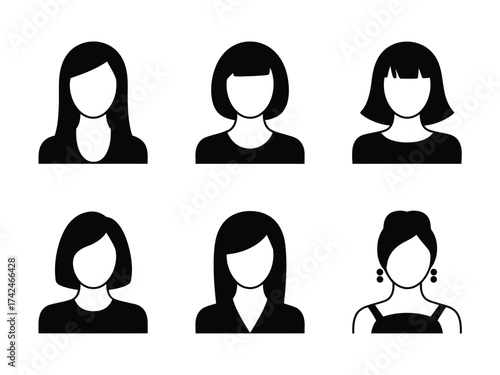 Set of six minimalist black and white female avatar illustrations scalable vector icons eps silhouette vector illustration white background