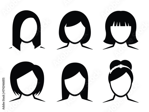 Set of six minimalist black and white vector illustrations of diverse hairstyles for scalable design projects silhouette vector illustration white background