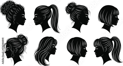 Silhouette set of beautiful women hairstyles in profile view, elegant female heads with different haircuts for beauty, salon, and fashion design