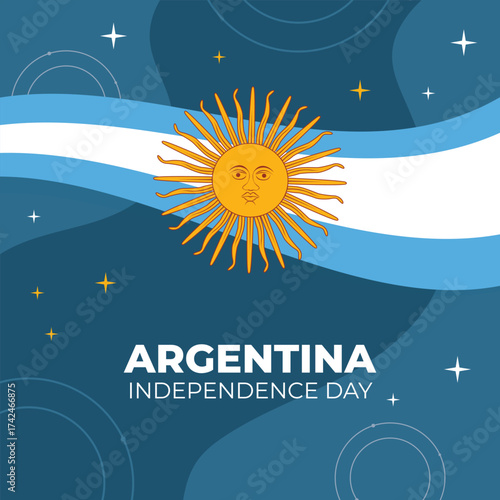 Argentina Independence Day celebration with Sun of May on abstract blue background