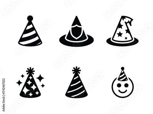 Set of six black and white party hat illustrations scalable vector graphics for celebrations silhouette vector illustration white background