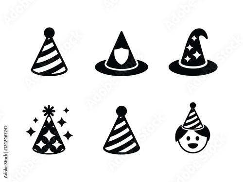 Set of six scalable black and white party hat vector illustrations eps for celebrations silhouette vector illustration white background