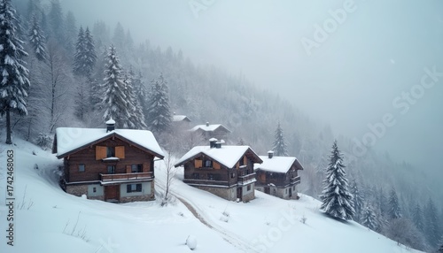 Wallpaper Mural Snowy chalets rest in remote valley shrouded by thick fog. Wooden cabins stand amidst snow-covered trees creating peaceful winter scene. Landscape offers serene, picturesque view of rural Torontodigital.ca