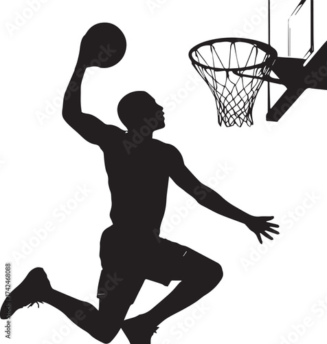 basketball player silhouette vector, Silhouette of basketball player dunking the ball isolated on a white background