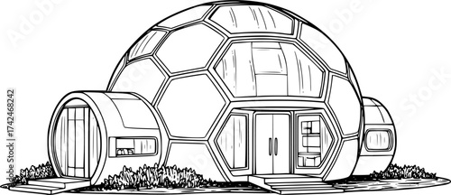 Futuristic modular dome house sketch with hex panels. Hand-drawn smart living vector isolated on white.

