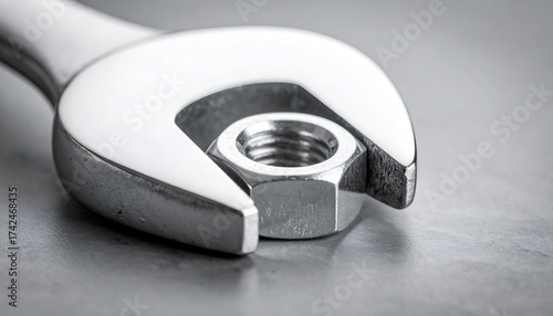 Macro image of a wrench and a nut