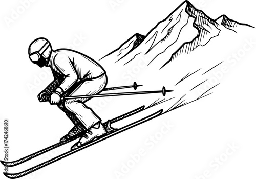 Skier starting downhill sketch with mountain. winter sport scene vector isolated on white.
