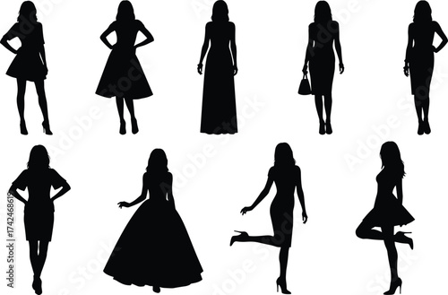 Stylish women silhouettes in fashionable dresses, modern female figures posing confidently, vector illustration for fashion design, modeling and clothing artwork