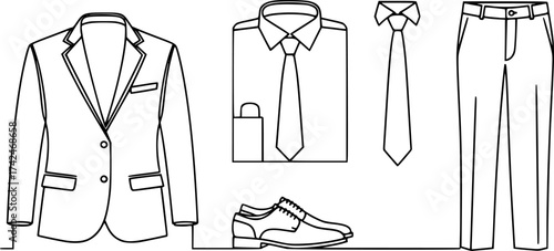 Men's Business Attire Outline Set. Continuous Line Drawing of Professional Clothing Items for Men Vector Illustration for Fashion and Corporate Style.
