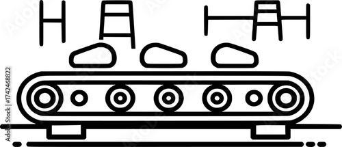 Outline illustration of a conveyor belt in a factory minimal vector industrial concept.

