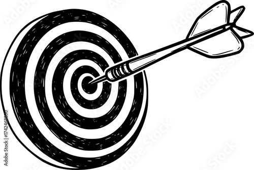 Bullseye target sketch with dart. Hand-drawn goal success vector isolated on white.
