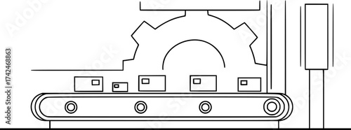 Outline illustration of a conveyor belt in a factory minimal vector industrial concept.
