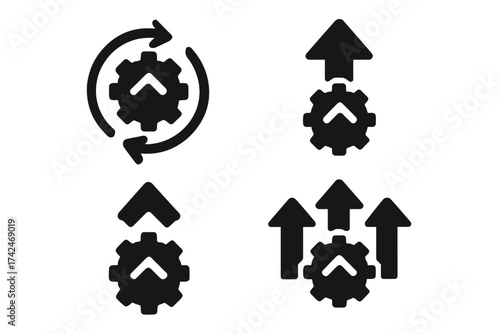 Vector upgrade icon set with gears and arrows, new version update, software upgrade symbols, technology progress concept, transparent background illustration, business improvement icons