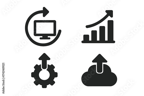 Upgrade and new version icons vector set. Computer refresh, technology update, software upgrade, graph growth, settings configuration, cloud upload, business progress, digital transformation concept
