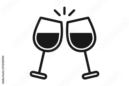 Two wine glasses clinking cheers icon vector illustration, transparent background, celebration concept, party toast, drink symbol, festive occasion, simple outline design