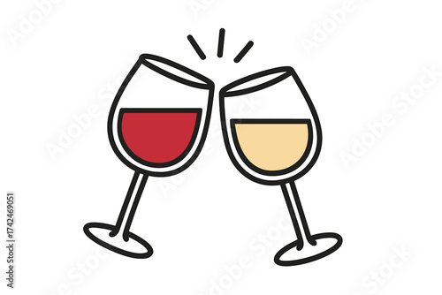 Two glasses of wine clinking cheers icon, red and white wine glasses celebrating, vector illustration with transparent background for celebrations, parties, drinks, and toasting concepts