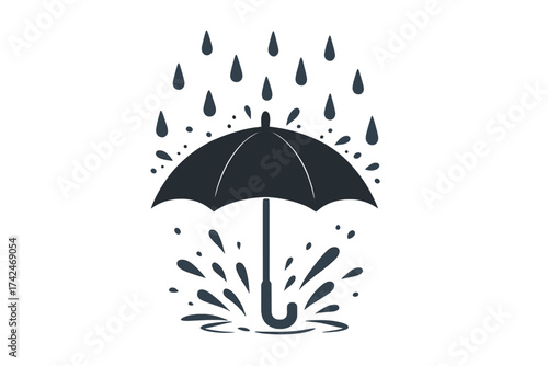 Umbrella with raindrops and water splash icon, rainy weather concept vector illustration with transparent background, protection from rain, rain droplets splash design, wet environment symbol