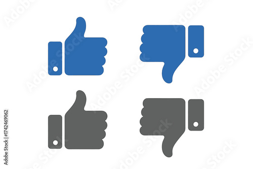 Vector Facebook Like and Dislike Thumb Up and Thumb Down Sign Flat Icon Set, Social Media Feedback Symbols, Vector Illustration with Transparent Background, Ordered Icon Collection