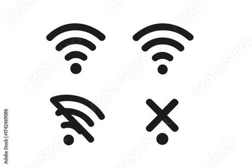 Wireless and Wi-Fi signal icons set with internet connection symbols, vector illustration with transparent background, network signal strength and disconnection symbols, wireless technology design