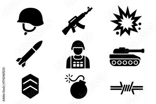 War icon set vector illustration with isolated military symbols including soldier, helmet, rifle, tank, bomb, missile, explosion, rank badge, and barbed wire for defense and combat design