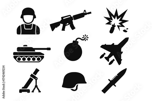 War icons set with soldier, helmet, weapons, tank, bomb, explosion, mortar, aircraft, and knife. Vector military illustration isolated on white background, combat and defense symbols collection.