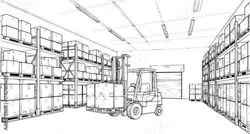 Sketch of warehouse with boxes and forklift. Industrial logistics concept, isolated on white.
