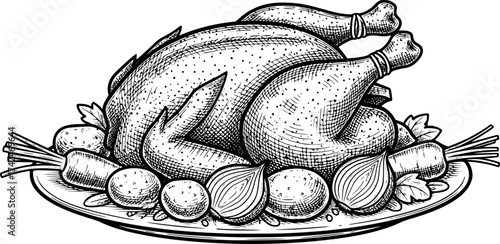 Vintage style chicken roast sketch illustration with vegetables. Traditional Sunday meal with detailed crosshatching technique, vector drawing isolated on white background. See Less
