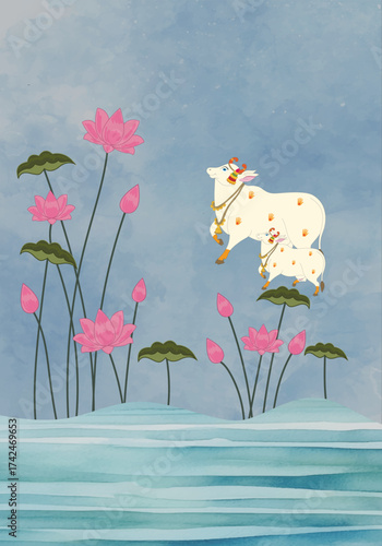 Hand drawing Pichwai cow with lotus in river design 