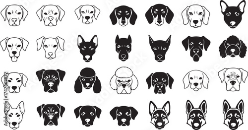 A vector set of cute black animal silhouettes featuring cat, dog, tiger, lion, bear, mouse, rabbit, and panda cartoon characters for fun icon designs