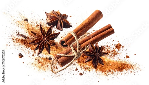 Flying cinnamon sticks, star anise, and nutmeg with spice powder floating apart