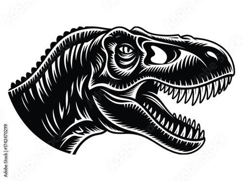Dramatic black and white illustration of a fierce tyrannosaurus rex dinosaur head