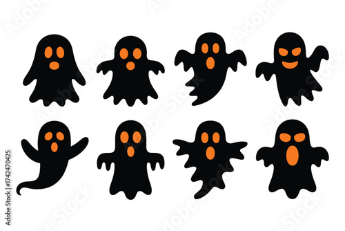 Set of eight minimalist halloween ghost vector illustrations for scalable graphic design projects silhouette vector illustration white background