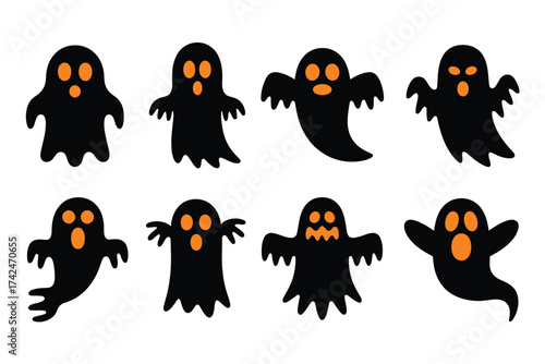 Set of eight minimalist halloween ghost vector illustrations scalable eps for festive design elements silhouette vector illustration white background