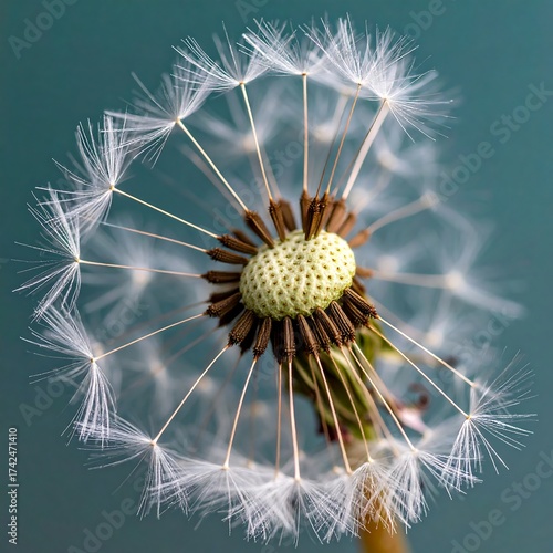 Dandelion seed head close-up against a teal backdrop