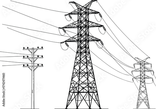 Utility pole and transmission towers vector, power lines illustration, energy infrastructure, lattice structure silhouette, voltage distribution, editable graphic, electric grid