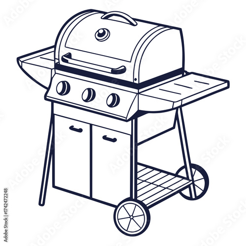 A simple line art illustration of a modern gas grill with side shelves and storage cabinet