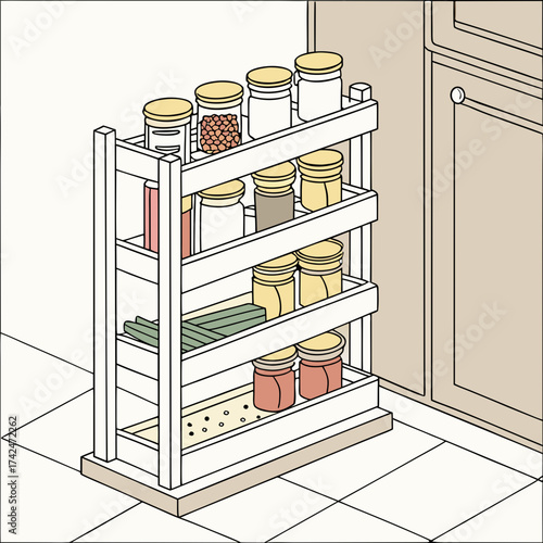 A slim pull out spice rack filled with jars of spices and ingredients next to a kitchen cabinet