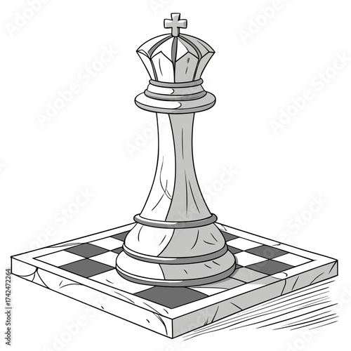 A solitary white chess king stands tall on a checkered board in a dramatic black and white illustration