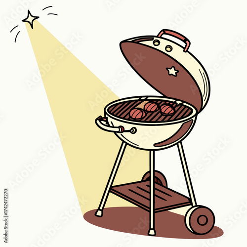 Cartoon style illustration of a charcoal grill with sausages cooking under a spotlight