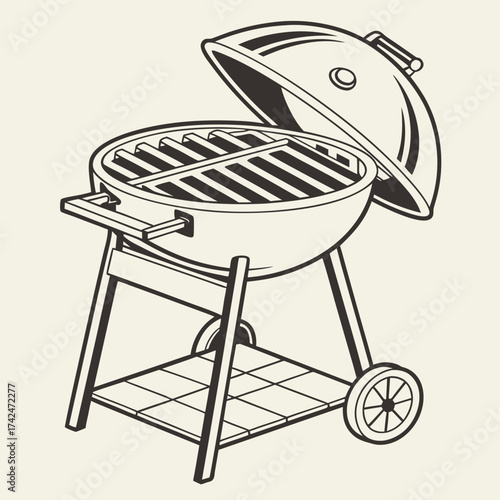 Classic charcoal kettle barbecue grill with open lid and warming rack on a simple stand with wheels