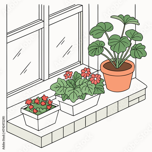 Charming illustration of potted plants and flowers on a windowsill with a window in the background