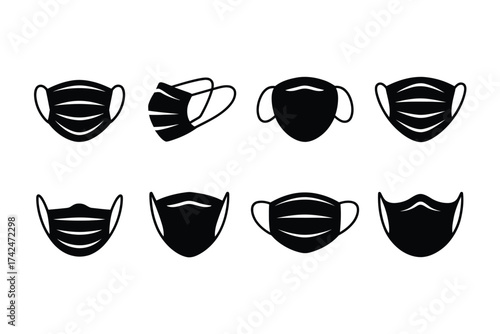 Set of eight diverse black silhouette illustrations of face masks scalable vector eps graphics silhouette vector illustration white background