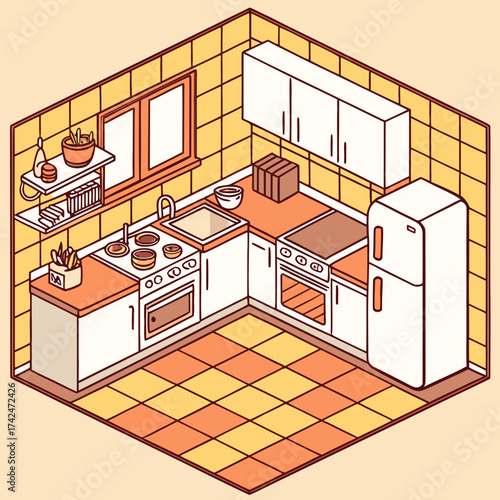 Cozy isometric kitchen with white cabinets orange countertops and a checkered floor in a warm color palette