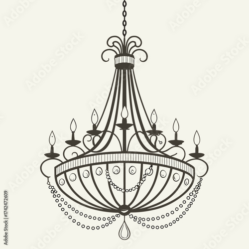 Elegant vintage chandelier with candle lights and crystal drops hanging from a chain