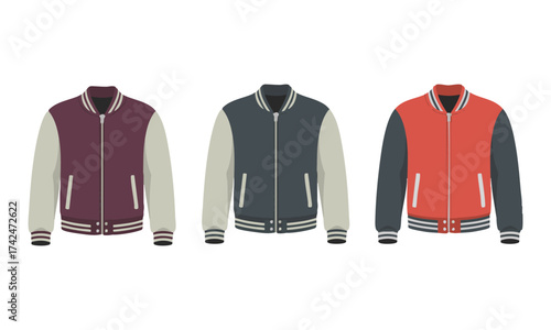 Varsity Jacket Mockup Set – Front, Back, Side Views  Minimal Flat Vector Illustration, College Jacket Mockup template, easily editable and scalable. 